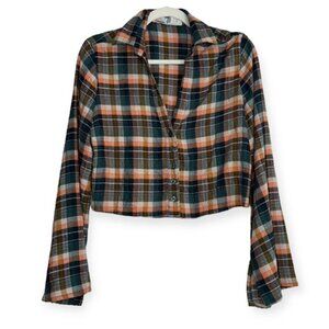 Free People Green/Orange Beach Plaid Checks Button Down Cozy Cotton Shirt sz XS